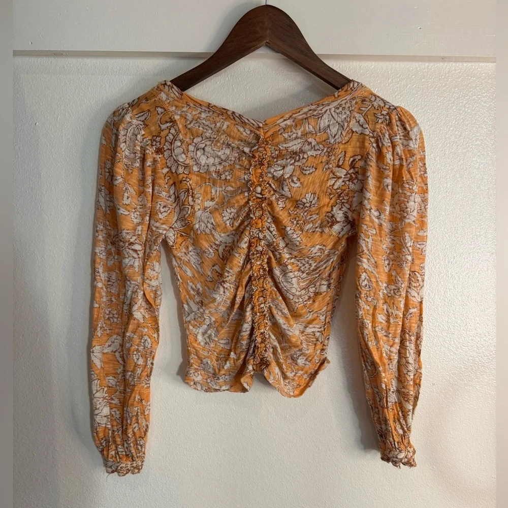 Free People Say The Word Top XS – Blood Orange Floral Ruched Blouse